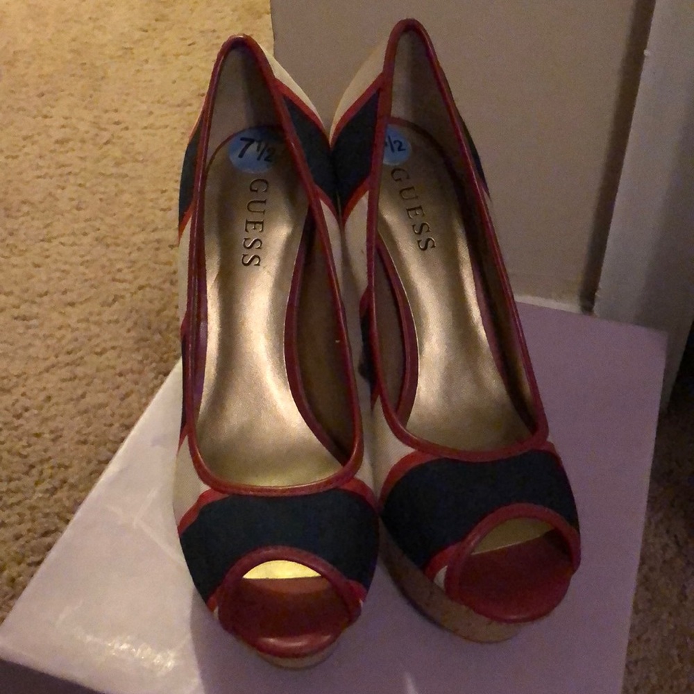 Guess brand cork heel red white and navy blue